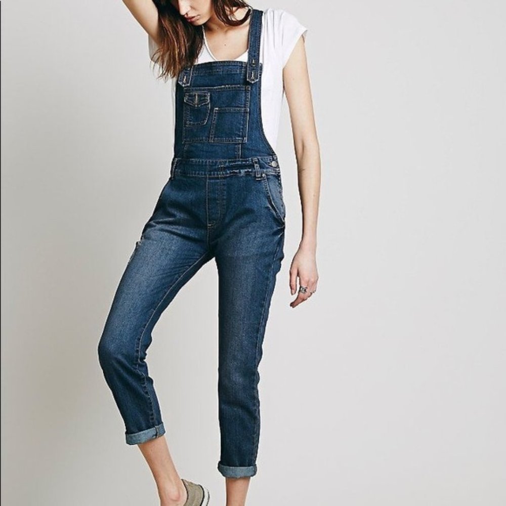 Free People Through The Woods Distressed Denim Overalls